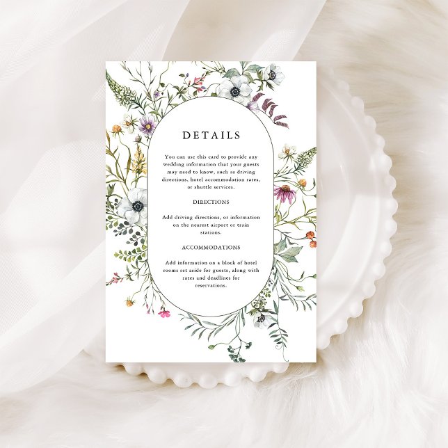Cartão De Informações Flores Silvestres Botânicas | Detalhes do Casament (An elegant wedding details card with a beautiful wildflower frame)