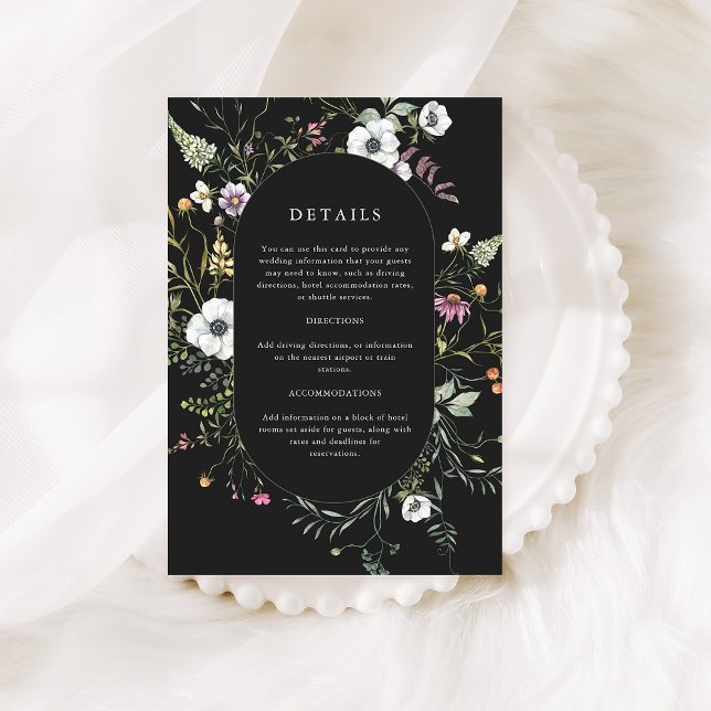 Cartão De Informações Flores Silvestres Botânicas Escuras | Detalhes do  (An elegant wedding details card with a beautiful wildflower frame)