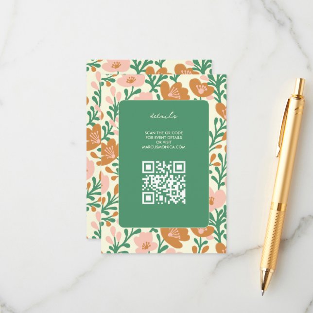 Cartão De Informações Flores Silvestres Trepadeiras Rosa Verde Casamento (Frente/Verso In Situ)