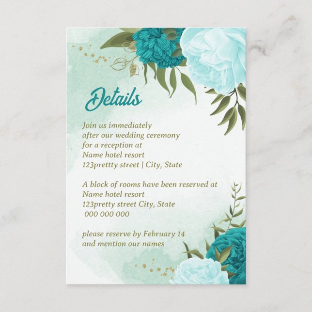 Cartão De Informações flores turquesas folhas verdes (Frente)