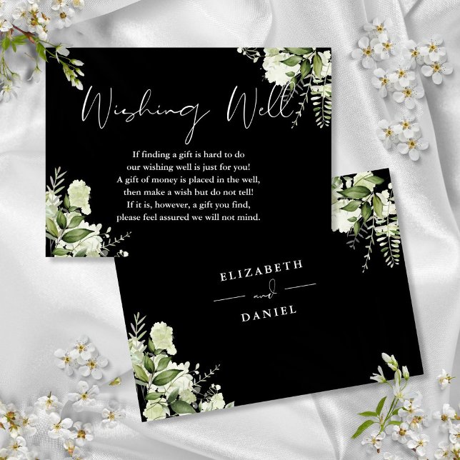 Cartão De Informações Floresta Branca Negra, Boas Casas de Desejo Floral (Black White Greenery Floral Wishing Well Wedding Enclosure Card)