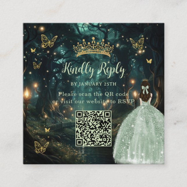 Cartão De Informações Floresta Encantada Sage Green Quinceañera QR RSVP (Frente)