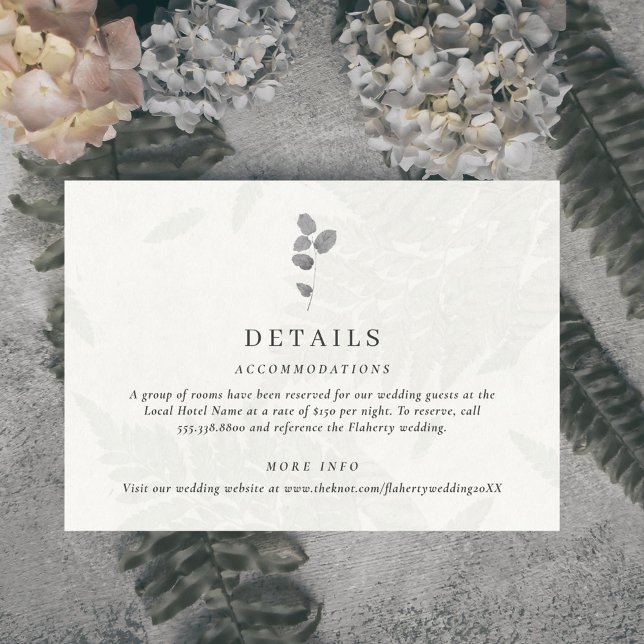 Cartão De Informações Folha Botânica Cinza Casamento (Elegant botanical leaf wedding details card. Features a light gray faux leaf pattern.)