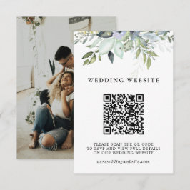 Cartão De Informações Folhagem Verde Elegante Código QR e Foto Casamento