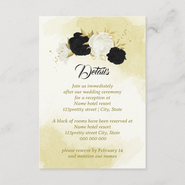 Cartão De Informações folhas de ouro de flores brancas pretas (Frente)