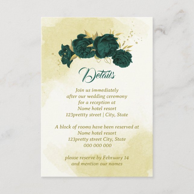 Cartão De Informações Folhas de ouro de flores verdes meraldas (Frente)