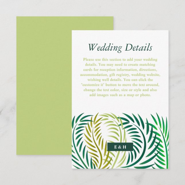 Cartão De Informações Folhas de Palma Tropicais, Detalhe do Casamento de (Frente/Verso)
