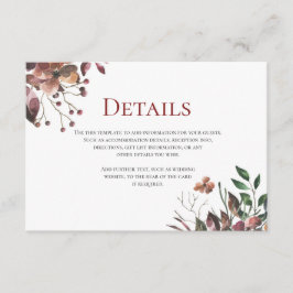 Cartão De Informações Folhas escuras florais Rustic Wedding Details Card
