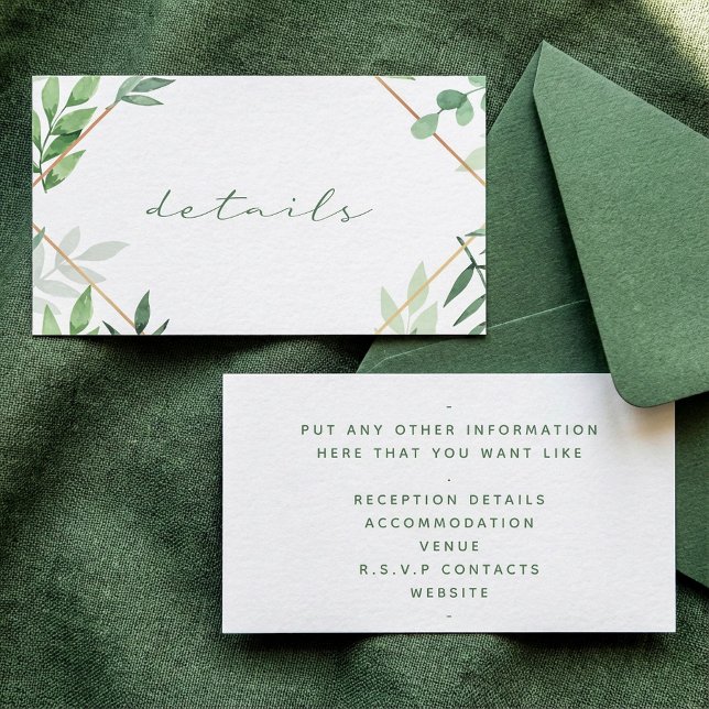 Cartão De Informações Folhas verdes, bordas douradas, detalhes do casame (Green leaves, gold border, details wedding enclosure card.)