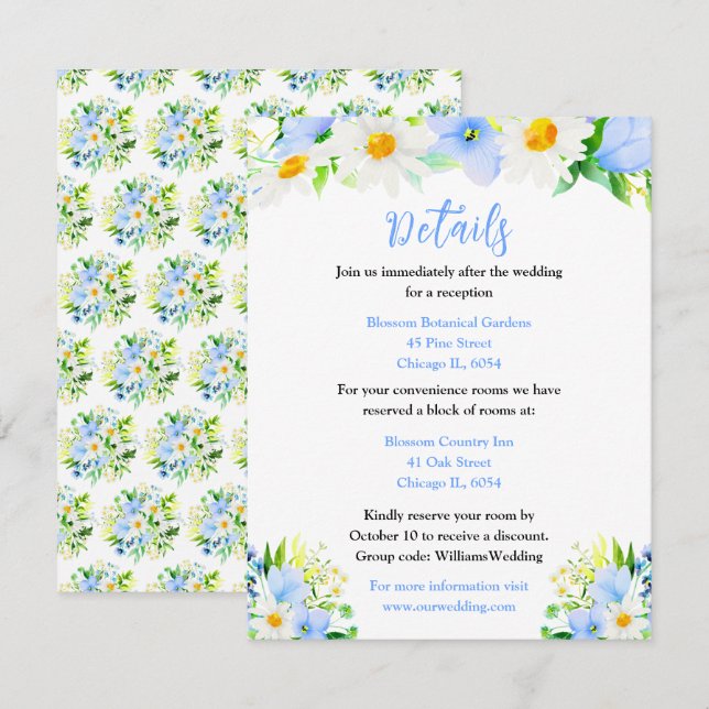 Cartão De Informações Forget-Me-Nots and Daisies Floral Wedding Details (Frente/Verso)
