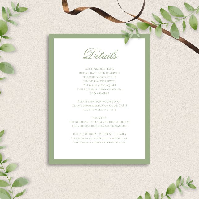Cartão De Informações Formal Classic Sage Green Script Wedding Details (Criador carregado)