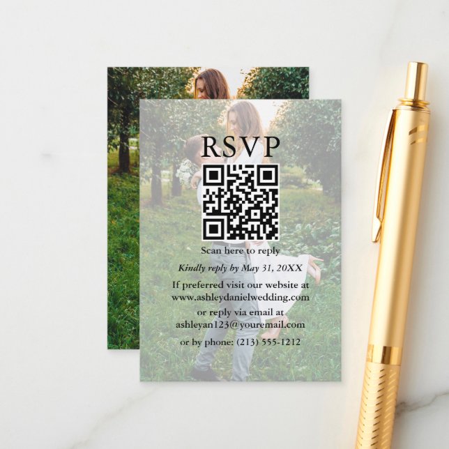 Cartão De Informações Foto de Sobreposição QR RSVP de Casamento Minimali (Frente/Verso In Situ)
