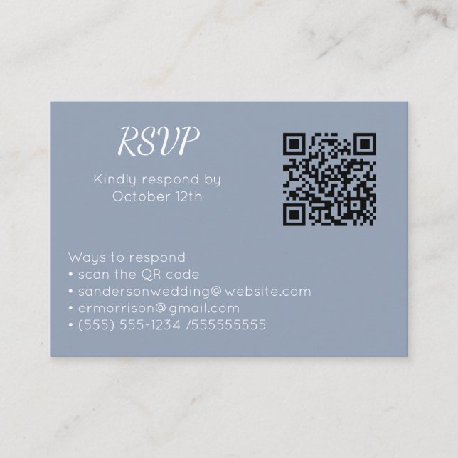 Cartão De Informações Foto do Código QR Online RSVP Azul de Casamento (Frente)