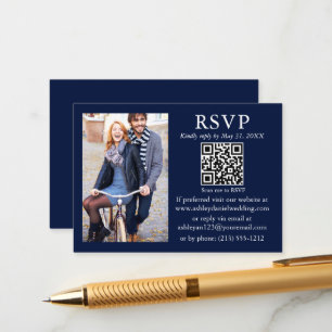 Cartão De Informações Foto minimalista de casamento Blue QR RSVP