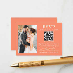 Cartão De Informações Foto minimalista de casamento Coral QR RSVP