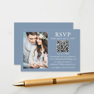 Cartão De Informações Foto minimalista de casamento Dusty Blue QR RSVP