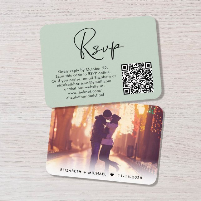 Cartão De Informações Foto Moderna Código QR Sage Green Wedding RSVP (Criador carregado)