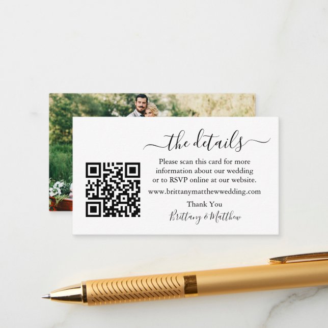Cartão De Informações Foto QR do Site de Detalhes do Casamento de Caligr (Frente/Verso In Situ)