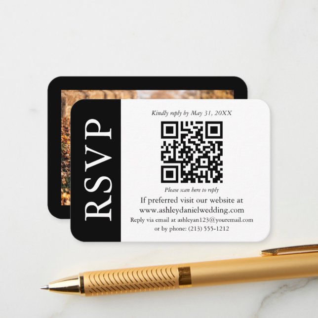 Cartão De Informações Foto RSVP de Casamento Moderno de QR Preto e Branc (Frente/Verso In Situ)
