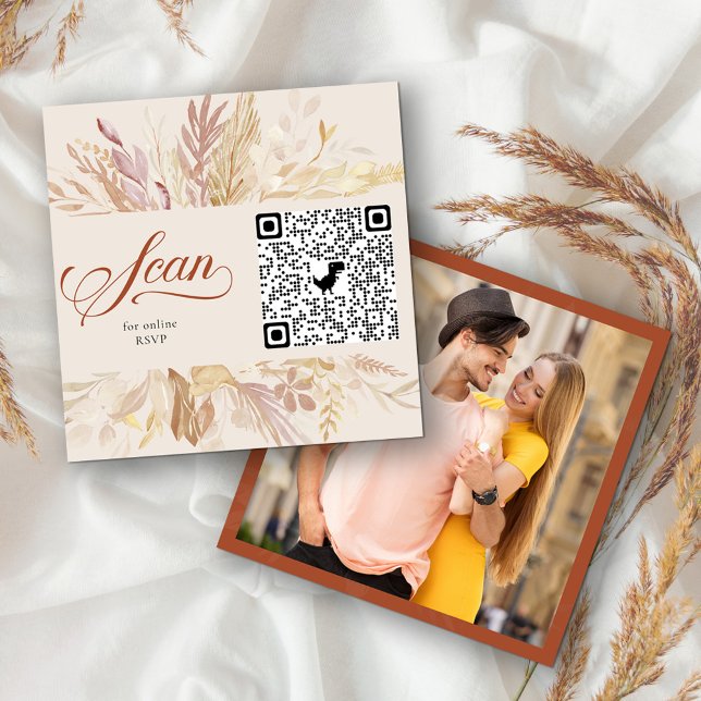 Cartão De Informações Foto: RSVP Online Código QR Terracotta Botanical (QR Code wedding rsvp card with your photo on the back. )