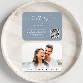 Cartão De Informações Foto Script Código QR Dusty Blue Wedding RSVP