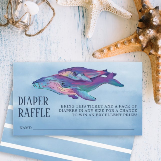 Cartão De Informações Fralda de baleia Chá de fraldas de Raffle (Artistic painted whale and whale calf with a blue watercolor background diaper raffle.)