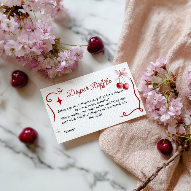 Cartão De Informações Fralda de Cherry-Chá de fraldas Raffle (Coquette Pink Cherry Baby Shower Diaper Raffle Enclosure Card)