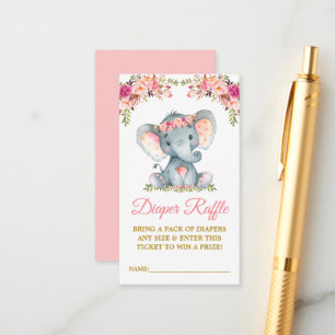 Cartão De Informações Fralda Elefante Chá de fraldas Floral Rosa Raffle