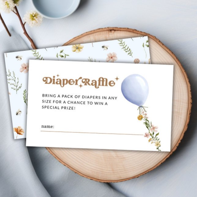 Cartão De Informações Fralda Floral Azul Chá de fraldas Raffle (Blue Floral Balloon Diaper Raffle Baby Shower Enclosure Card)