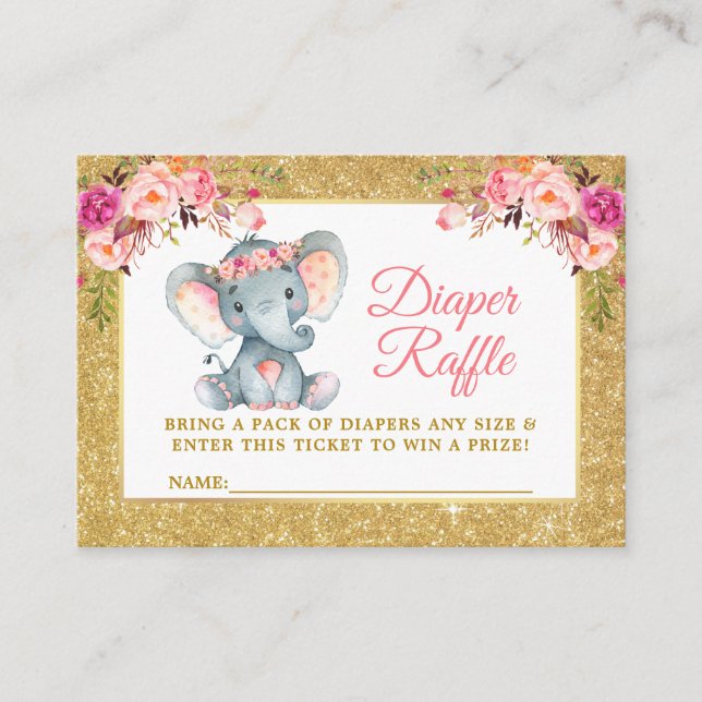 Cartão De Informações Fralda Floral de Elefante Rosa Chá Raffle Brilho (Frente)