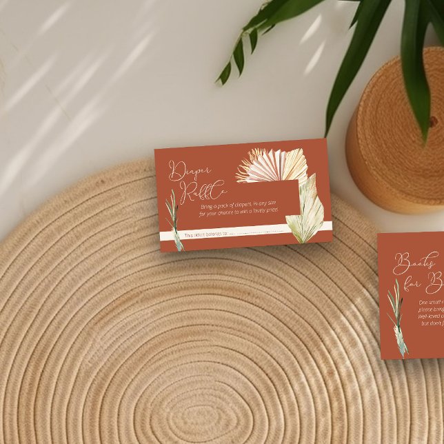 Cartão De Informações Fralda Raffle Boho Foliage Terracotta Chá de frald (Diaper Raffle enclosure card in terracotta with boho palm leaves)