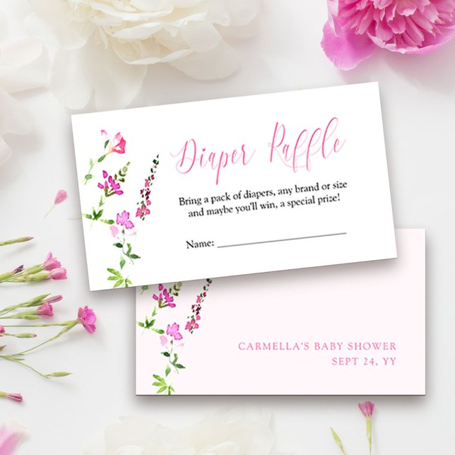 Cartão De Informações Fralda Raffle Chá de fraldas Rosa de Flor Selvagem (Diaper Raffle tickets from my Pink Wildflower Collection. Message me for co-ordinating items.)