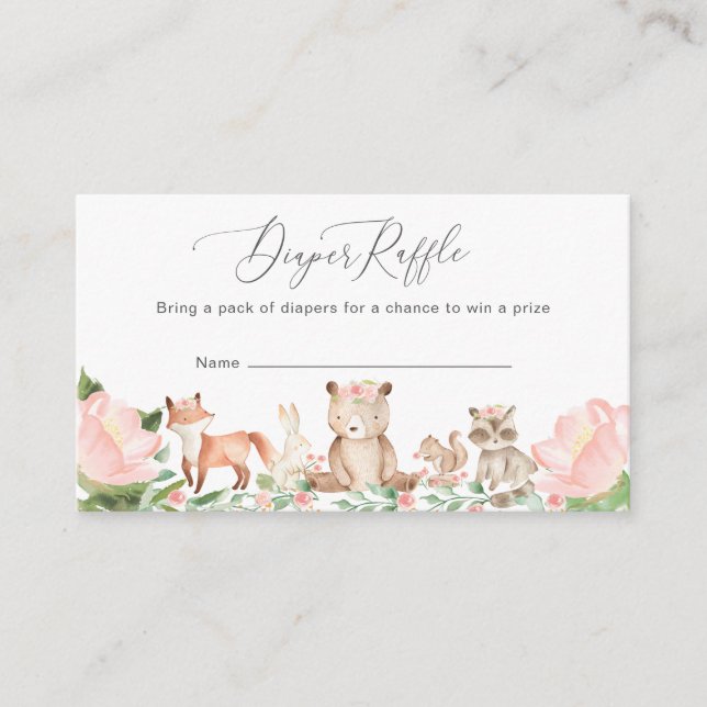 Cartão De Informações Fralda Raffle Girl Woodland Animal Chá de fraldas  (Frente)