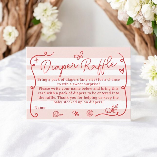 Cartão De Informações Fralda Vermelhos, Chá de fraldas de Raffle Lemons, (Red Retro Cute Diaper Raffle Lemons Baby Shower Enclosure Card)