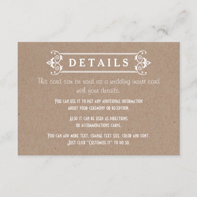 Cartão De Informações Frame kraft papelão de cartolina detalhes do casam (Frente)