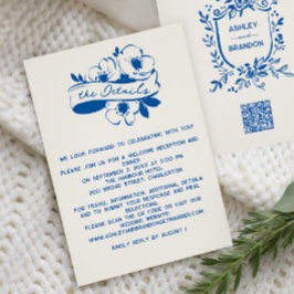 Cartão De Informações French Blue Whimsical Ribbon Crest Wedding 