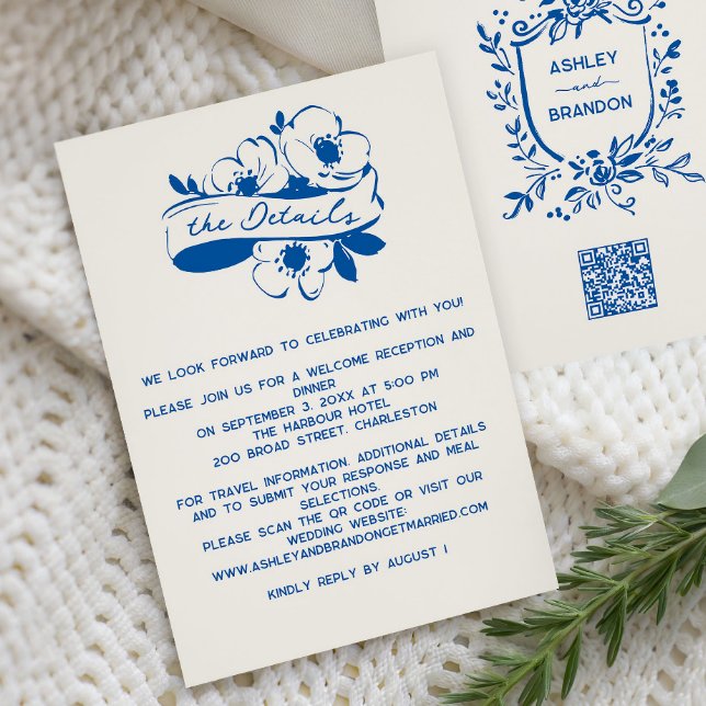 Cartão De Informações French Blue Whimsical Ribbon Crest Wedding  (Criador carregado)