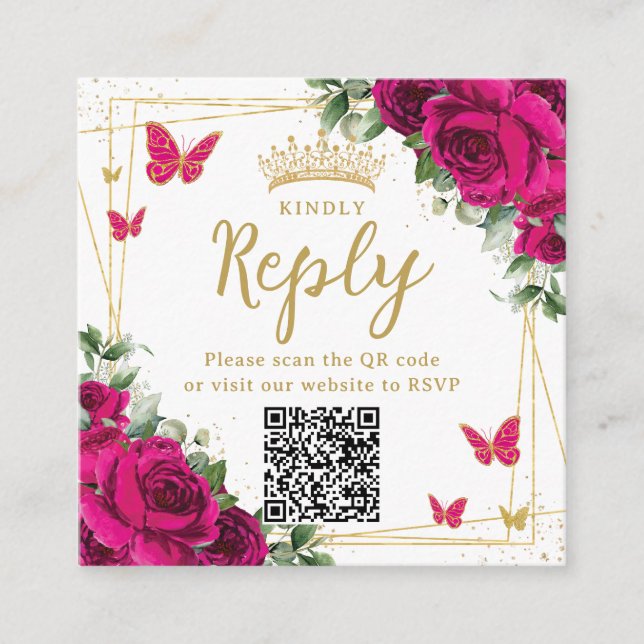 Cartão De Informações Fuchsia Borboletas Florais Quinceanera RSVP QR (Frente)