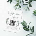 Cartão De Informações Fundo Botânico Eucalyptus Leaf Wedding Honeymoon<br><div class="desc">Um simples roteiro de caligrafia verde elegante com duas folhas de eucalipto aquáticas de ambos os lados para decorar esta bela e minimalista placa de caixa de casamento outono de lua de mel. Adorável convite de casamento moderno insere cartões com o seu código QR para uma ocasião de jardim à...</div>