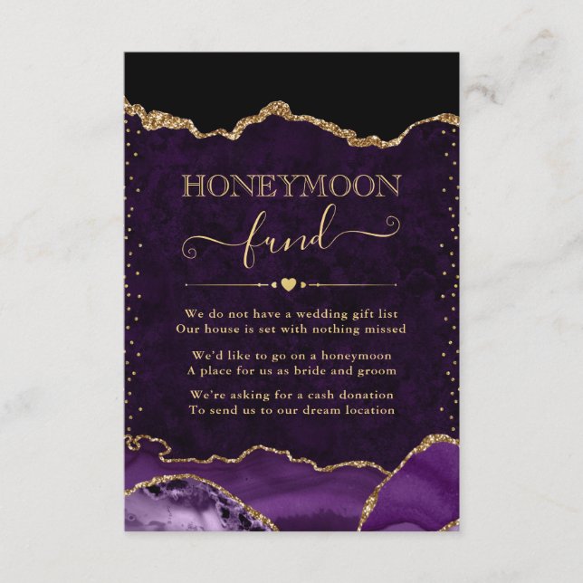 Cartão De Informações Fundo de Casamento Lua de Mel Ágata Roxo e Dourado (Frente)