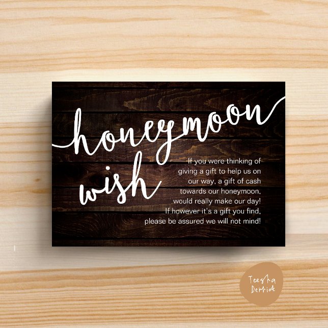 Cartão De Informações Fundo de Dinheiro para Desejos de Lua de Mel, uma  (Honeymoon Fund Cash Wish, a note on gifts Enclosure Card Rustic Dark Wood)