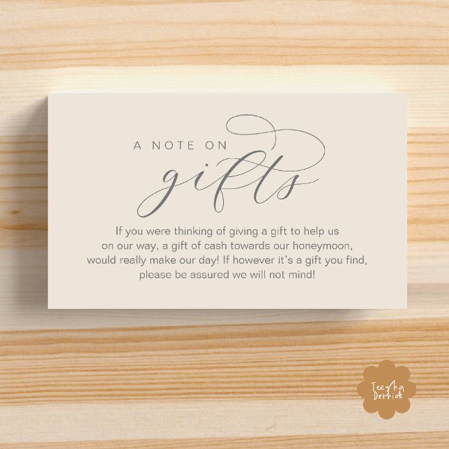 Cartão De Informações Fundo de Lua de Mel, Uma Nota sobre Presentes (Wedding Honeymoon Fund, A Note on Gifts, Wish, Cash, Modern Minimal Enclosure Card in Cream Grey)