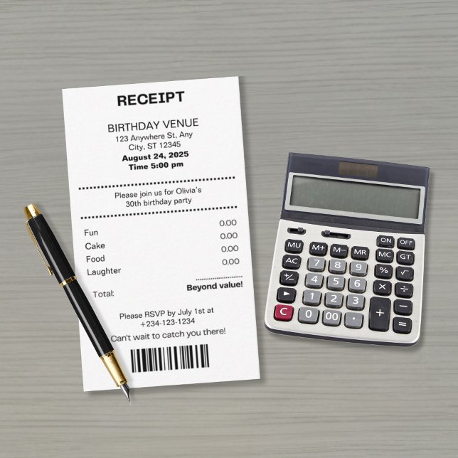 Cartão De Informações Funny, any age receipt theme Birthday invitation (Criador carregado)