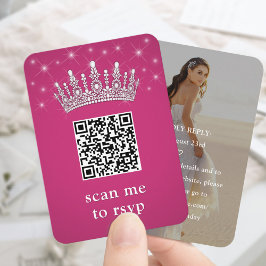 Cartão De Informações Fuschia Pink QR RSVP Quinceañera Crown & Photo
