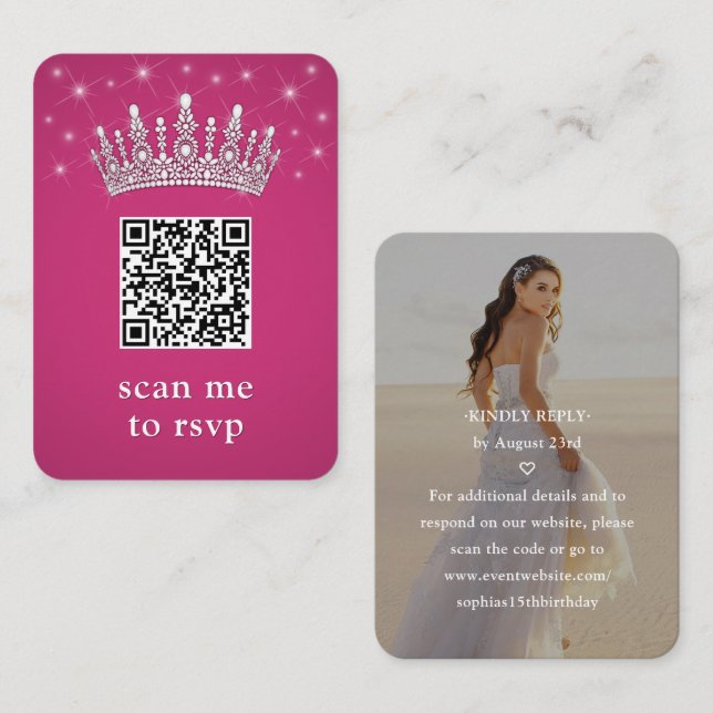 Cartão De Informações Fuschia Pink QR RSVP Quinceañera Crown & Photo (Frente/Verso)