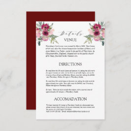 Cartão De Informações Gabinete de Detalhes de Casamento do buquê Burgund