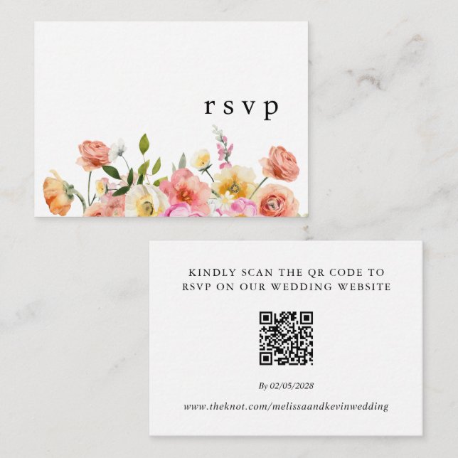 Cartão De Informações Garden Floral QR Code Wedding RSVP Card (Frente/Verso)