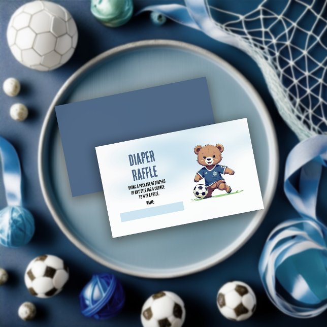 Cartão De Informações Garoto Urso Chá de fraldas Raffle (Cute Blue Teddy Bear Soccer Player Boy Baby Shower Diaper Raffle Insert  Enclosure Card)