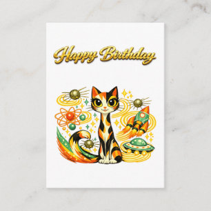 Cartão De Informações Gato Calico Espacial Atômico de Aniversário Feliz