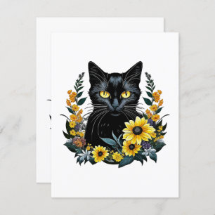 Cartão De Informações gato preto com flores